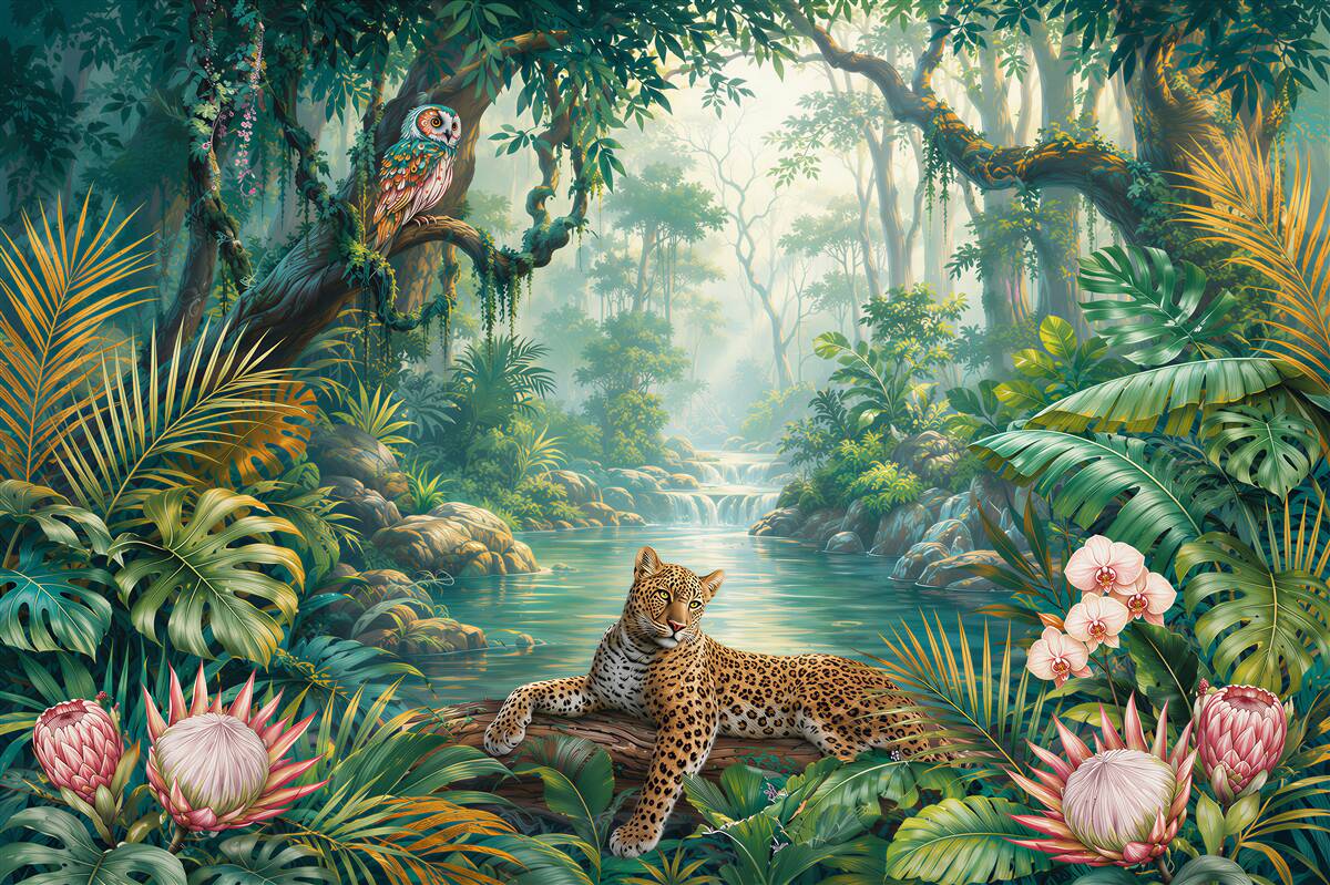 Papier peint léopard dans la jungle tropicale avec hibou et cascade