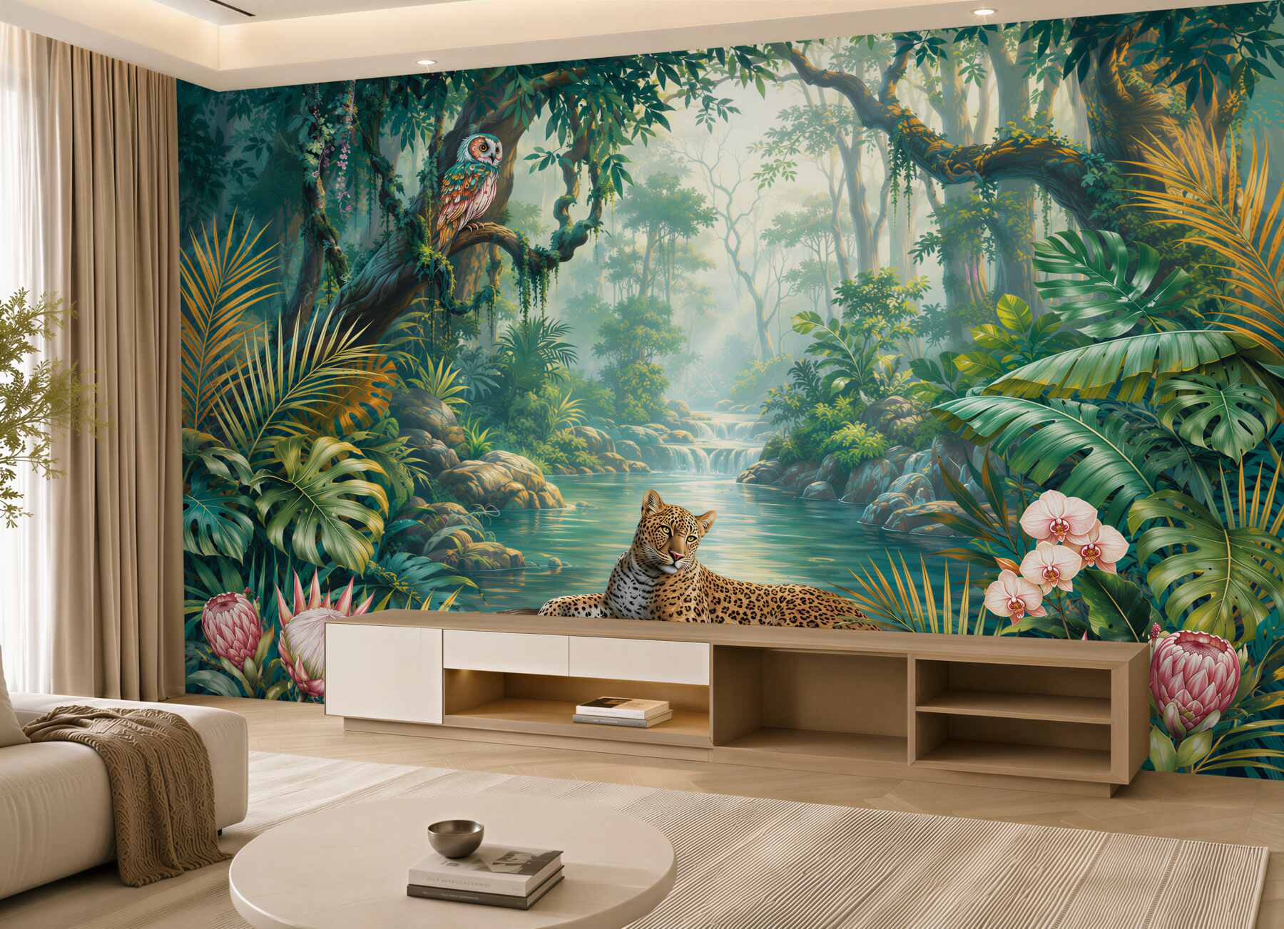 Papier peint léopard dans la jungle tropicale avec hibou et cascade