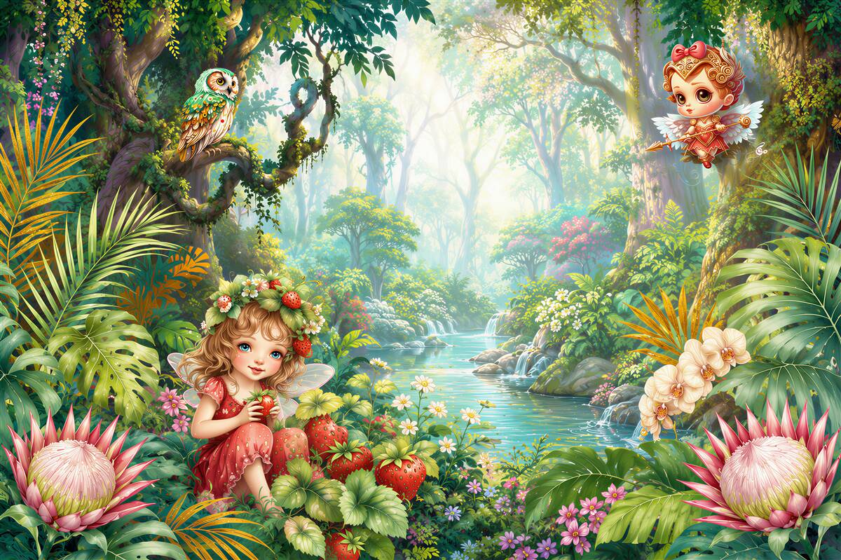 Papier peint fille qui cueille des fraises