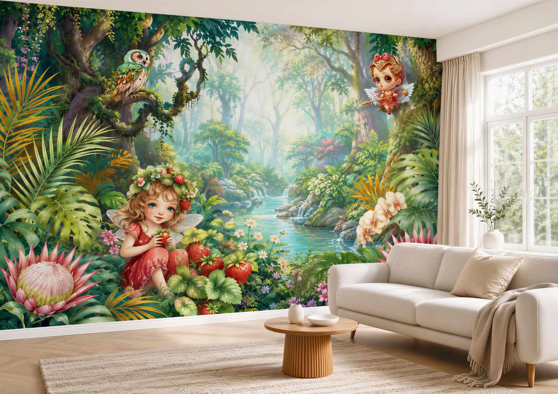 Papier peint fille qui cueille des fraises