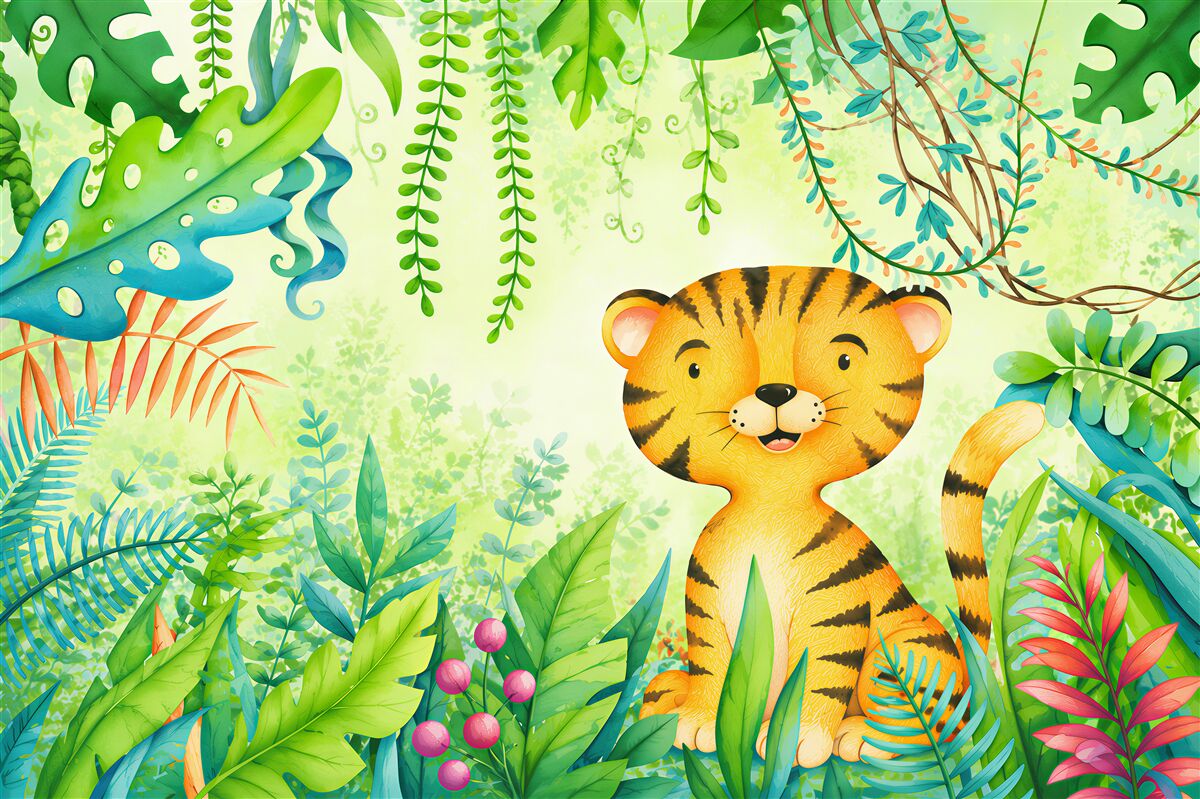 Papier peint Tigre souriant dans des feuilles claires