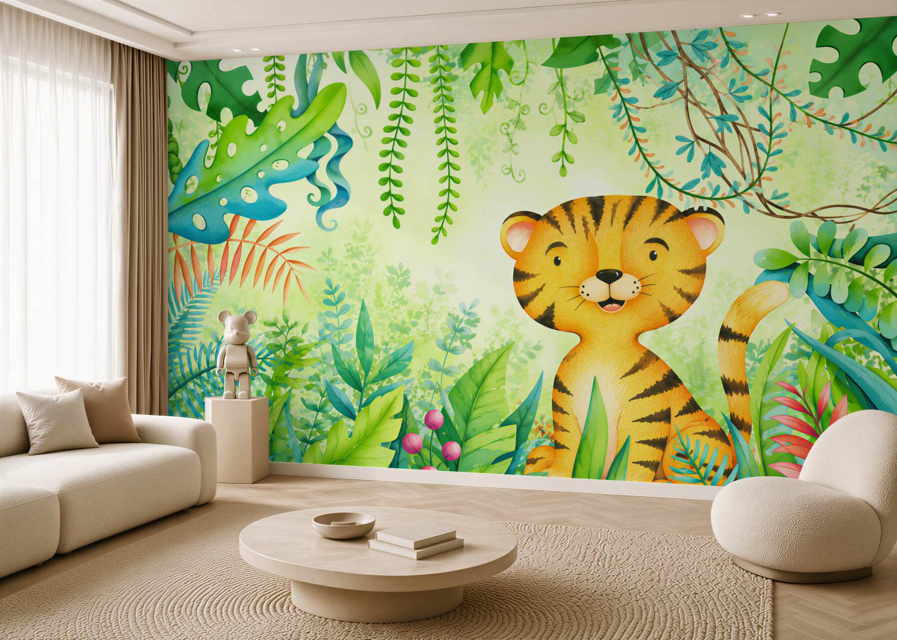 Papier peint Tigre souriant dans des feuilles claires