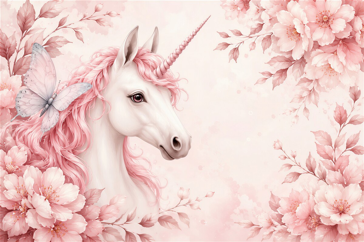 Papier peint licorne avec un papillon en rose