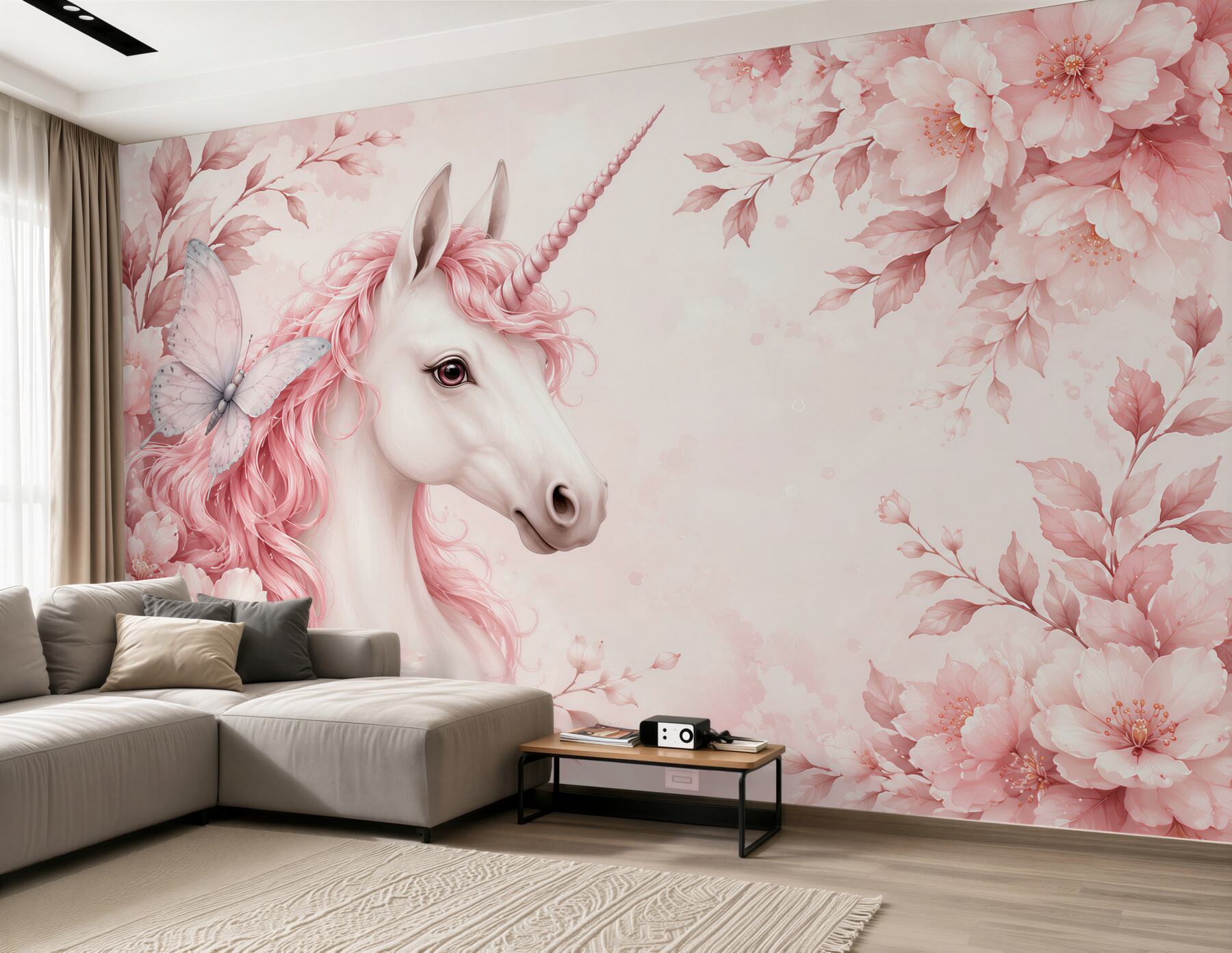 Papier peint licorne avec un papillon en rose