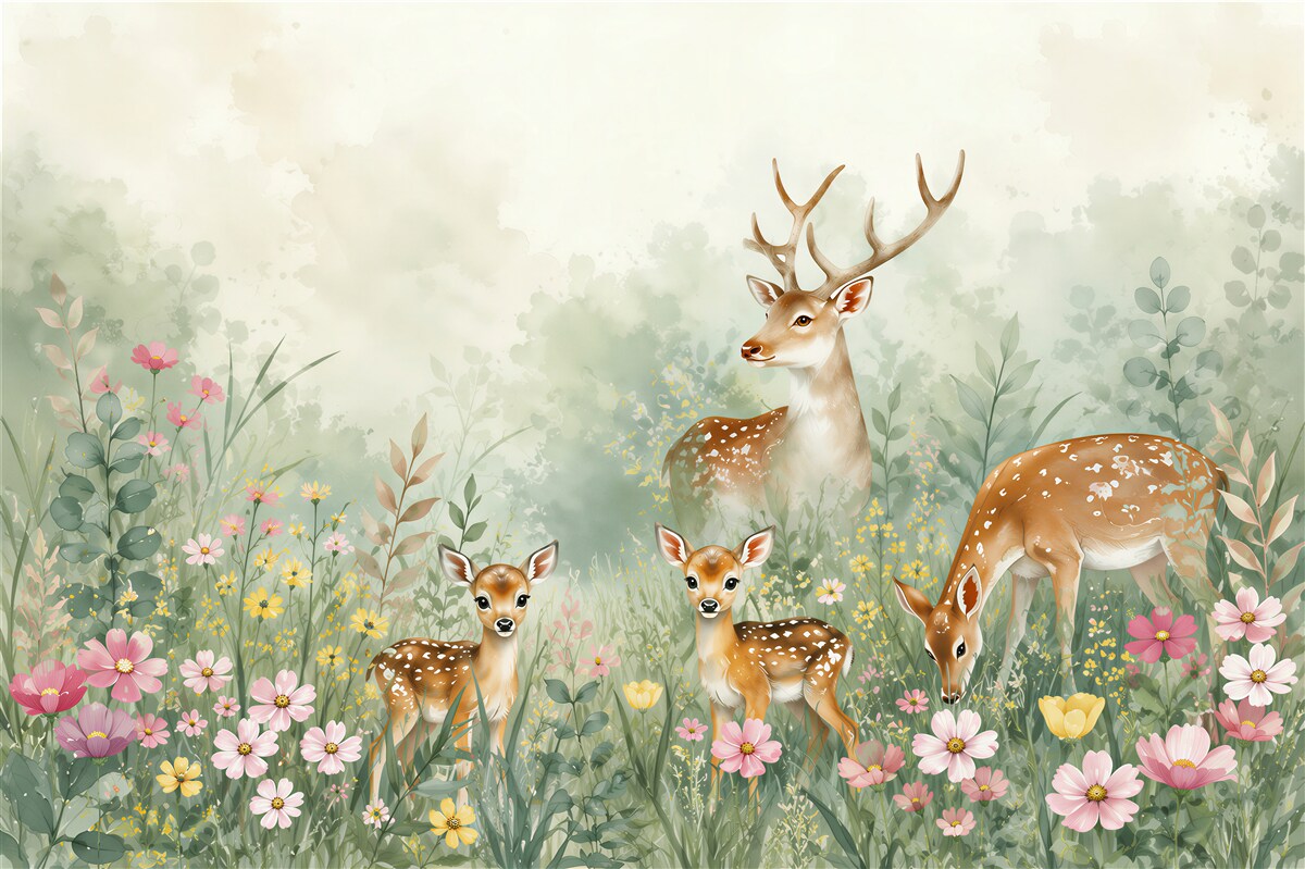 Papier peint Famille de cerfs sur l'herbe