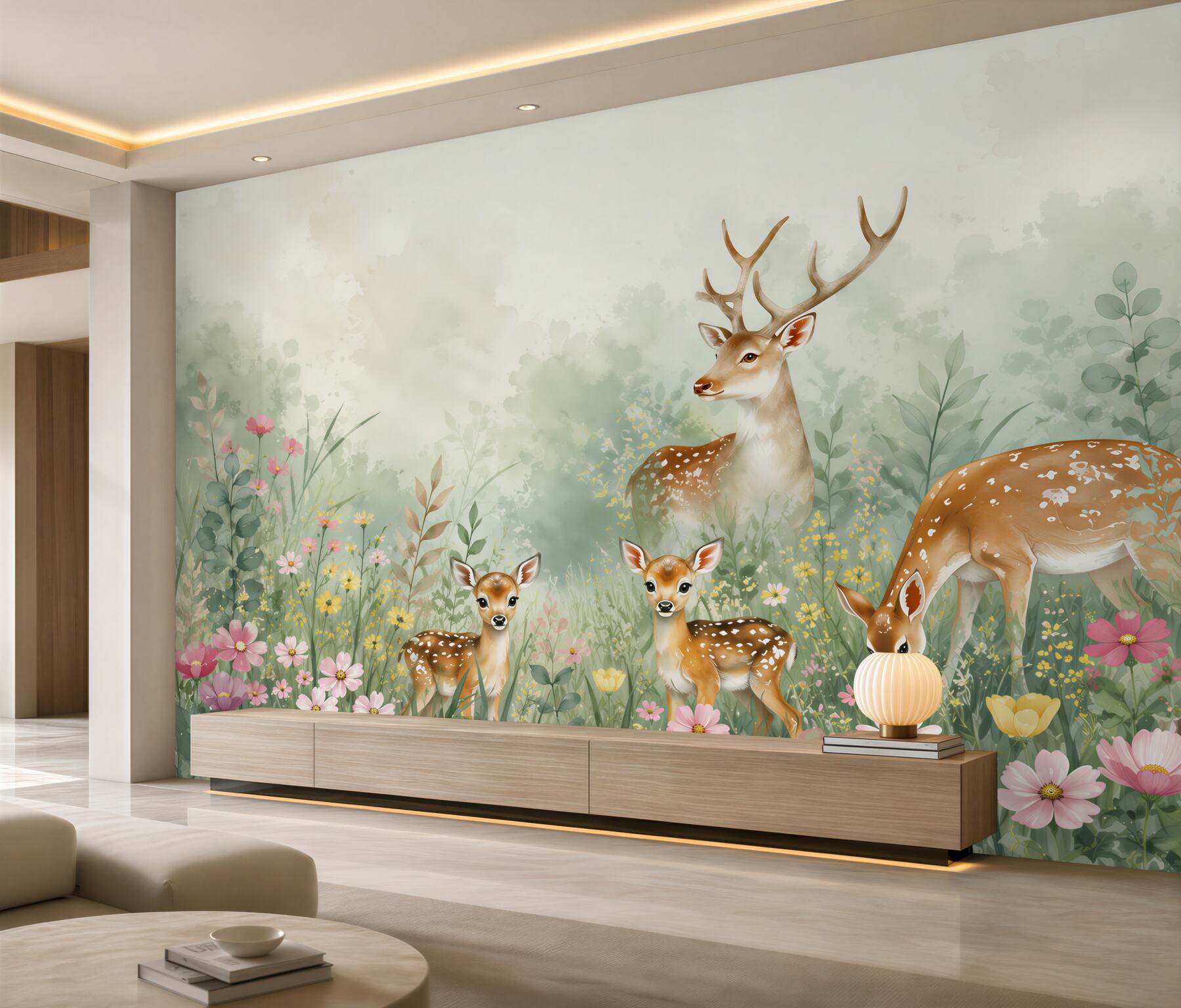 Papier peint Famille de cerfs sur l'herbe