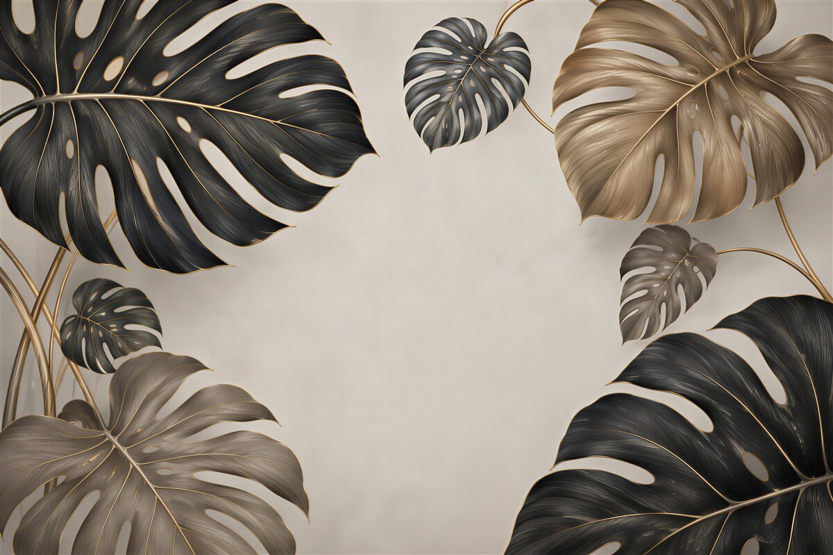 Papier peint feuilles de monstera beige-vert motif tropical subtil