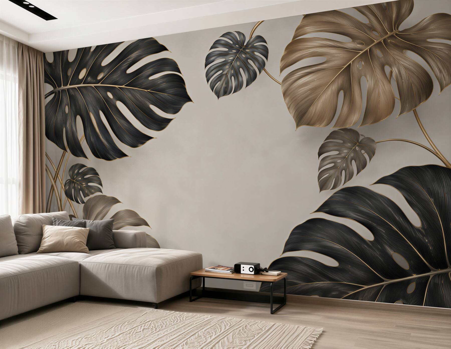 Papier peint feuilles de monstera beige-vert motif tropical subtil