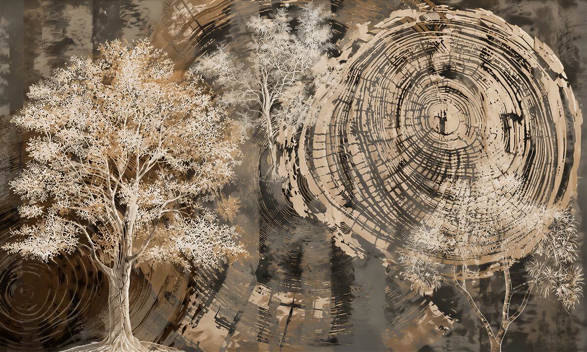 Papier peint arbres dans la brume beige avec motif de veines de bois