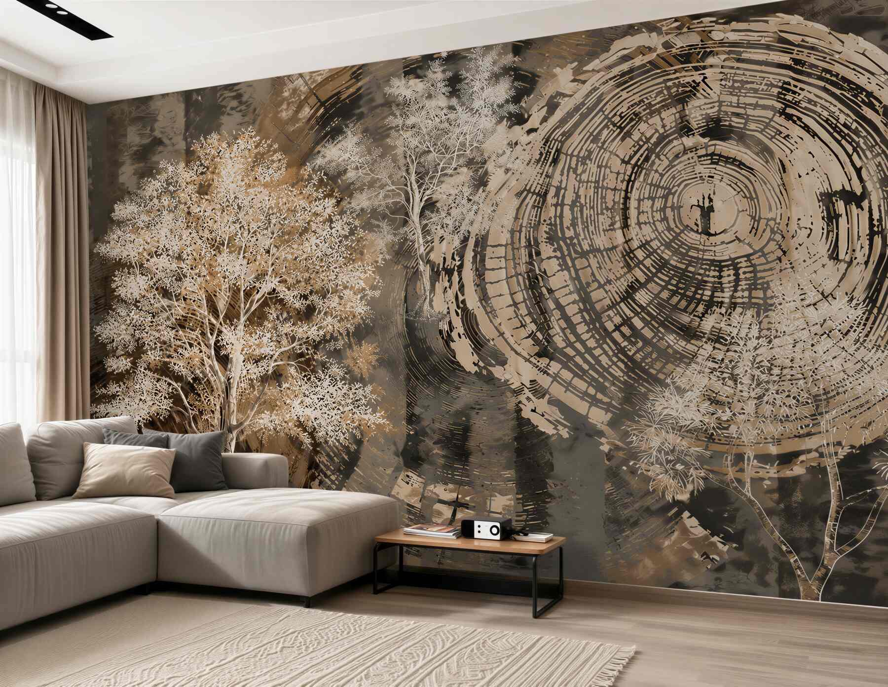 Papier peint arbres dans la brume beige avec motif de veines de bois