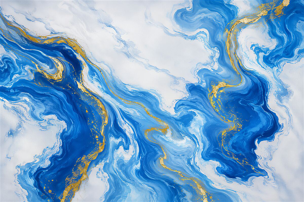 Papier peint marbre abstrait blanc et bleu avec des veines dorées