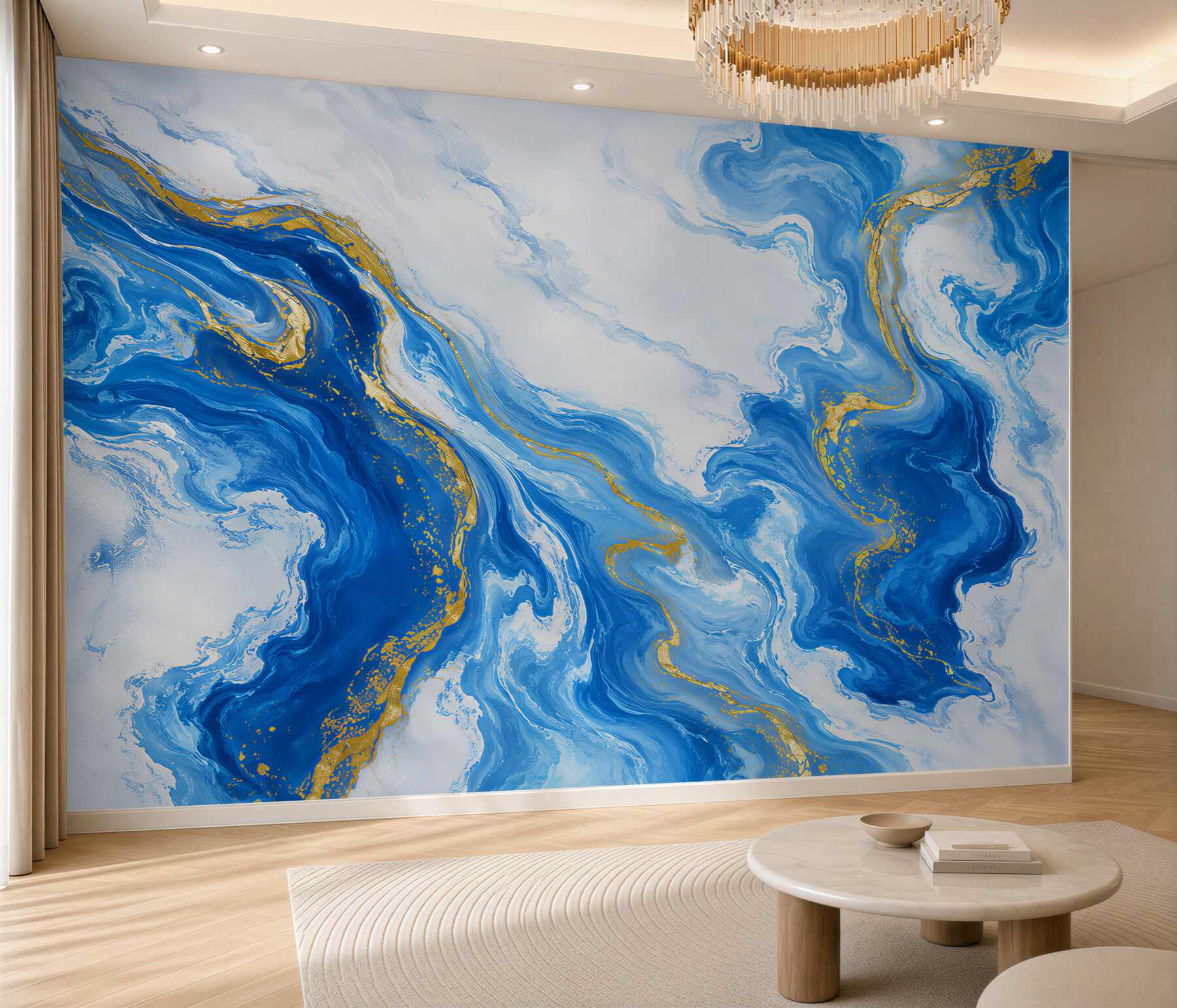 Papier peint marbre abstrait blanc et bleu avec des veines dorées