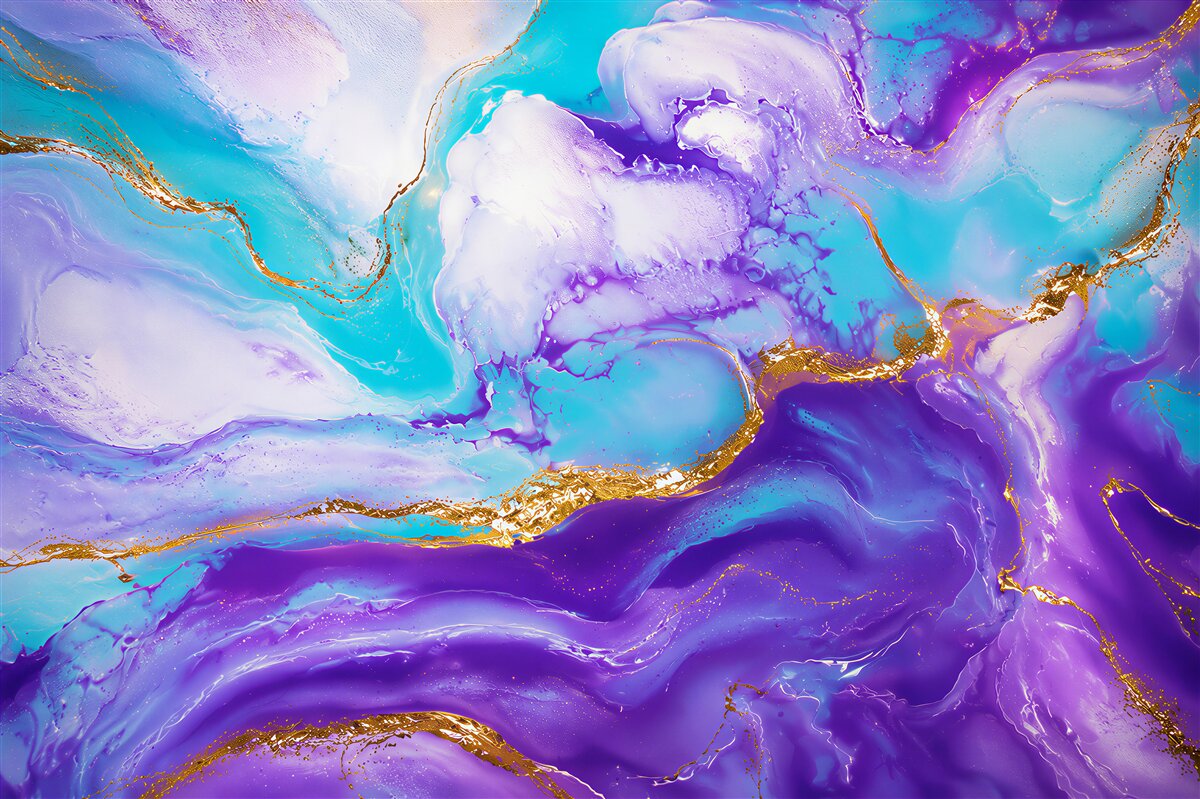 Papier peint marbre abstrait pastel violet et bleu avec des veines dorées