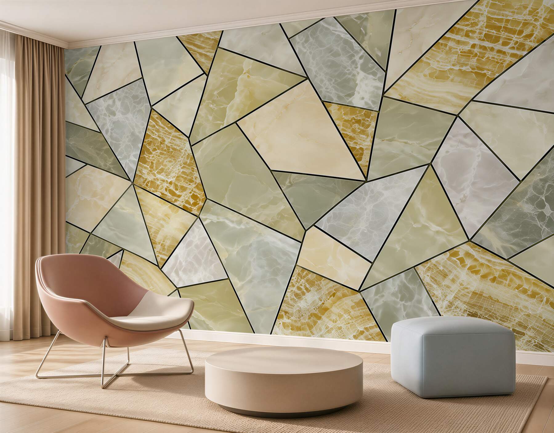 Papier peint marbre onyx blanc et vert avec des veines dorées élégant