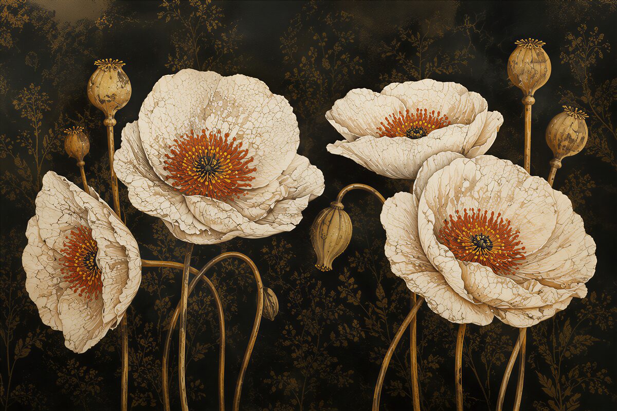 Papier peint coquelicots blancs beiges subtils pour un intérieur élégant