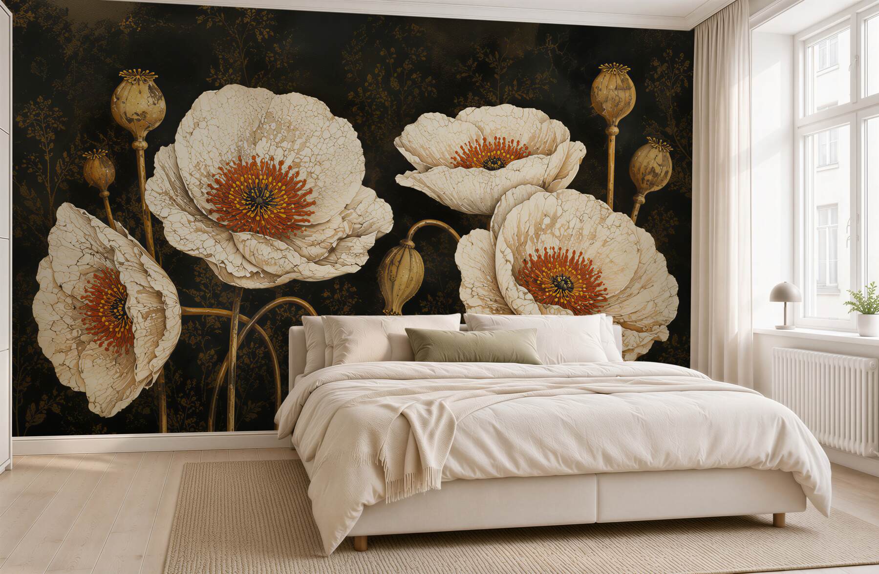 Papier peint coquelicots blancs beiges subtils pour un intérieur élégant