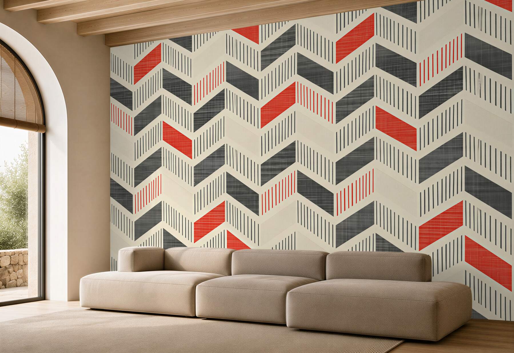 Papier peint motif géométrique beige-gris avec rose poudré moderne