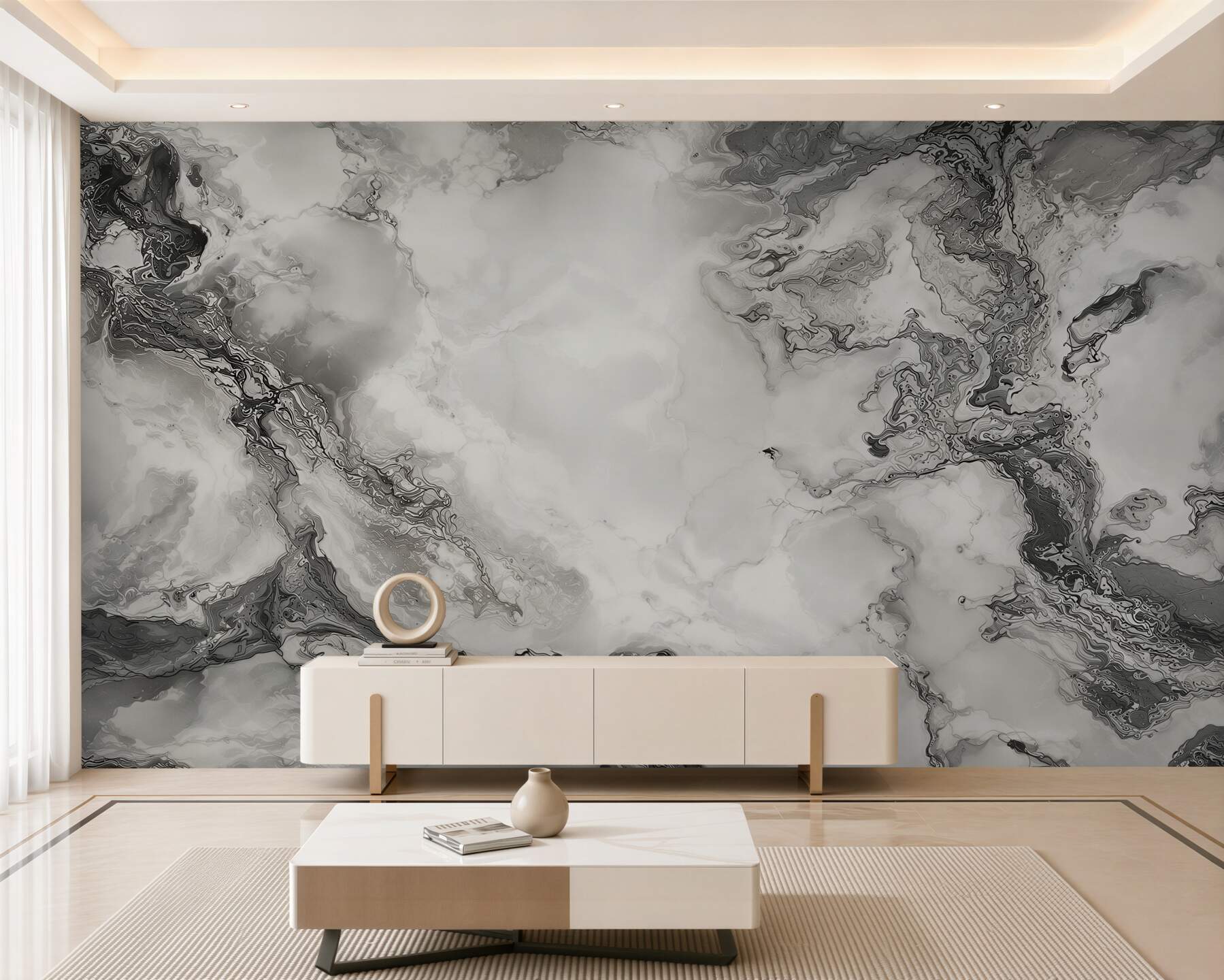 Papier peint marbre beige gris avec des veines dorées élégant