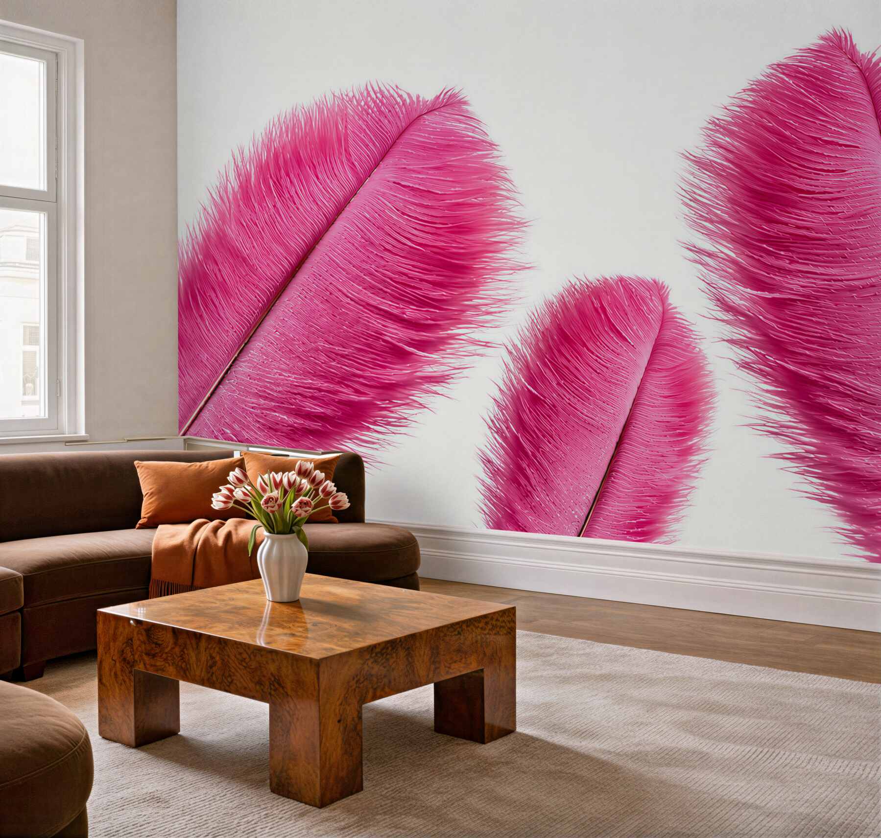 Papier peint plumes roses sur un fond clair délicates pour la chambre