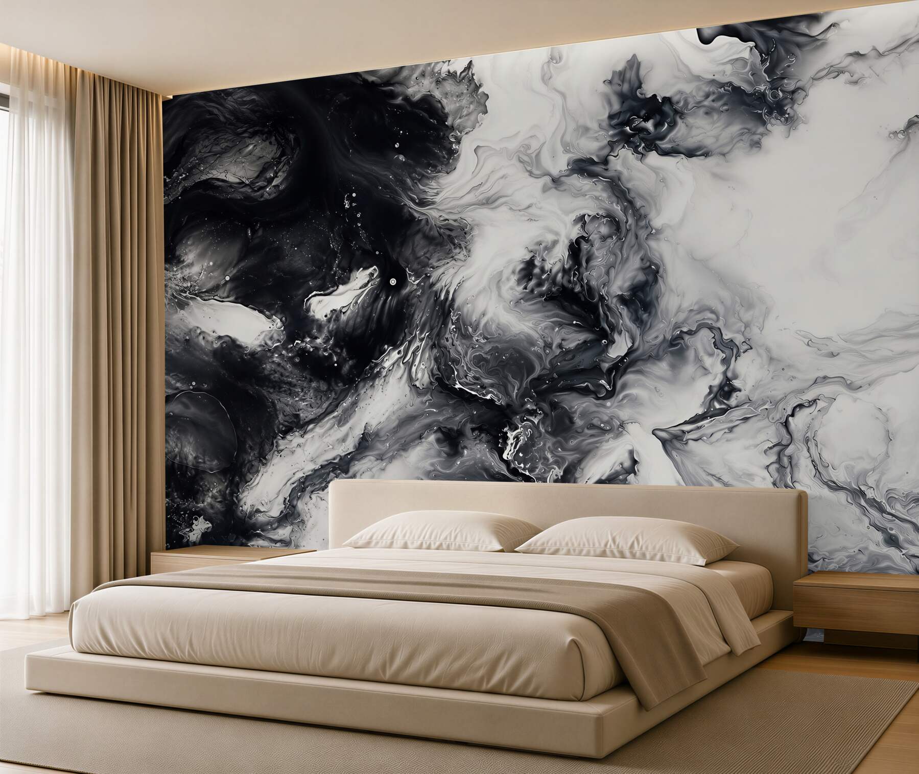 Papier peint marbre blanc-gris avec du noir et des accents dorés élégant
