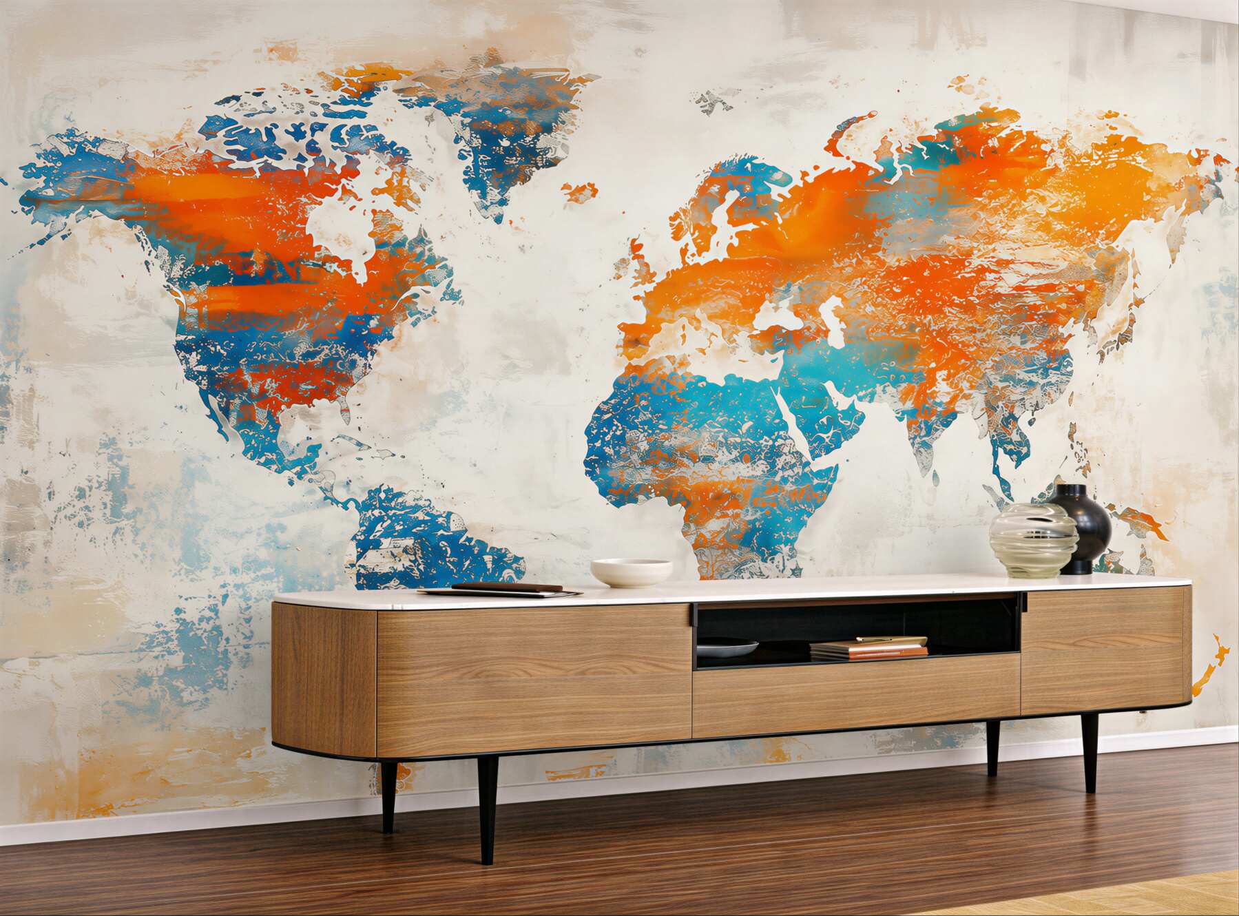 Papier peint carte du monde aquarelle beige et bleu pour le bureau