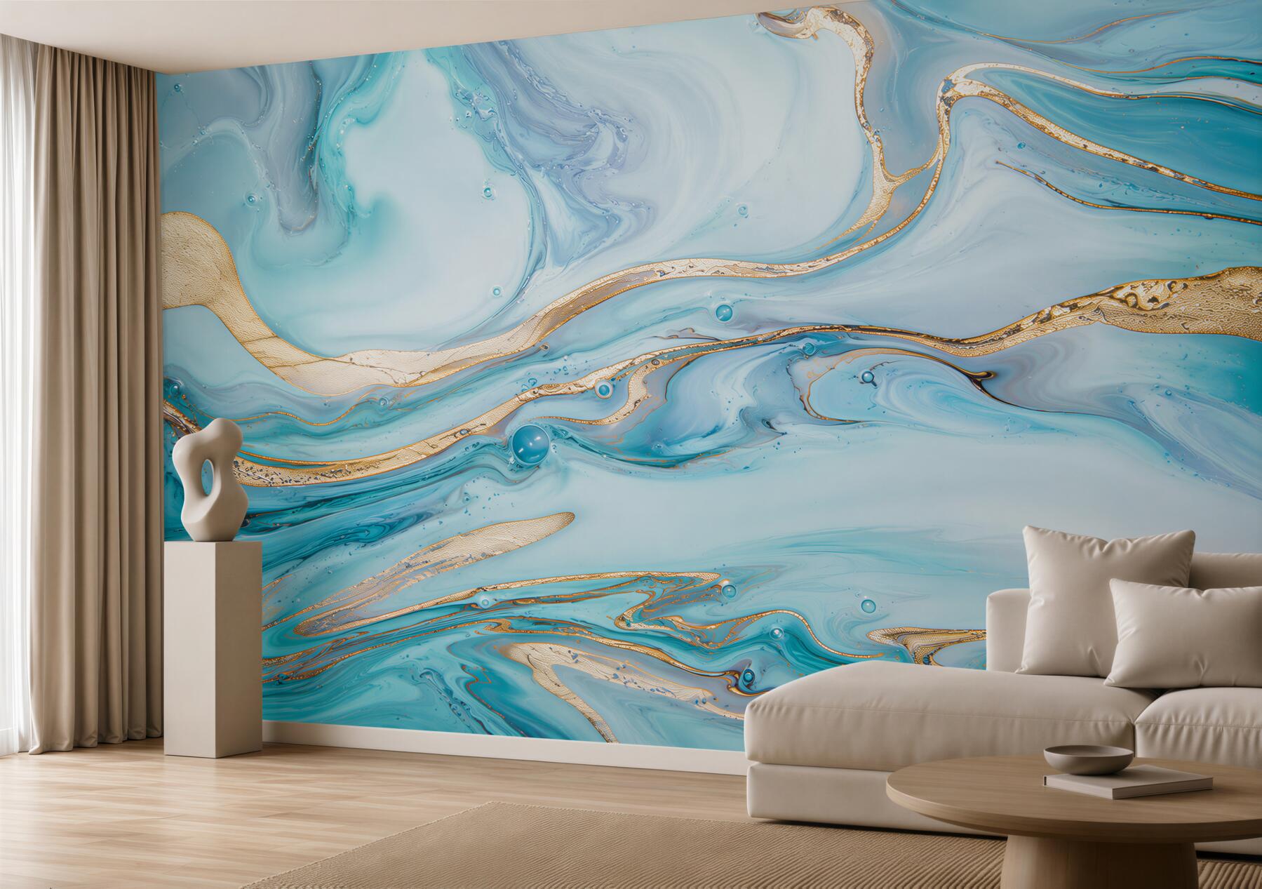 Papier peint vagues abstraites bleues avec des lignes dorées pour le salon
