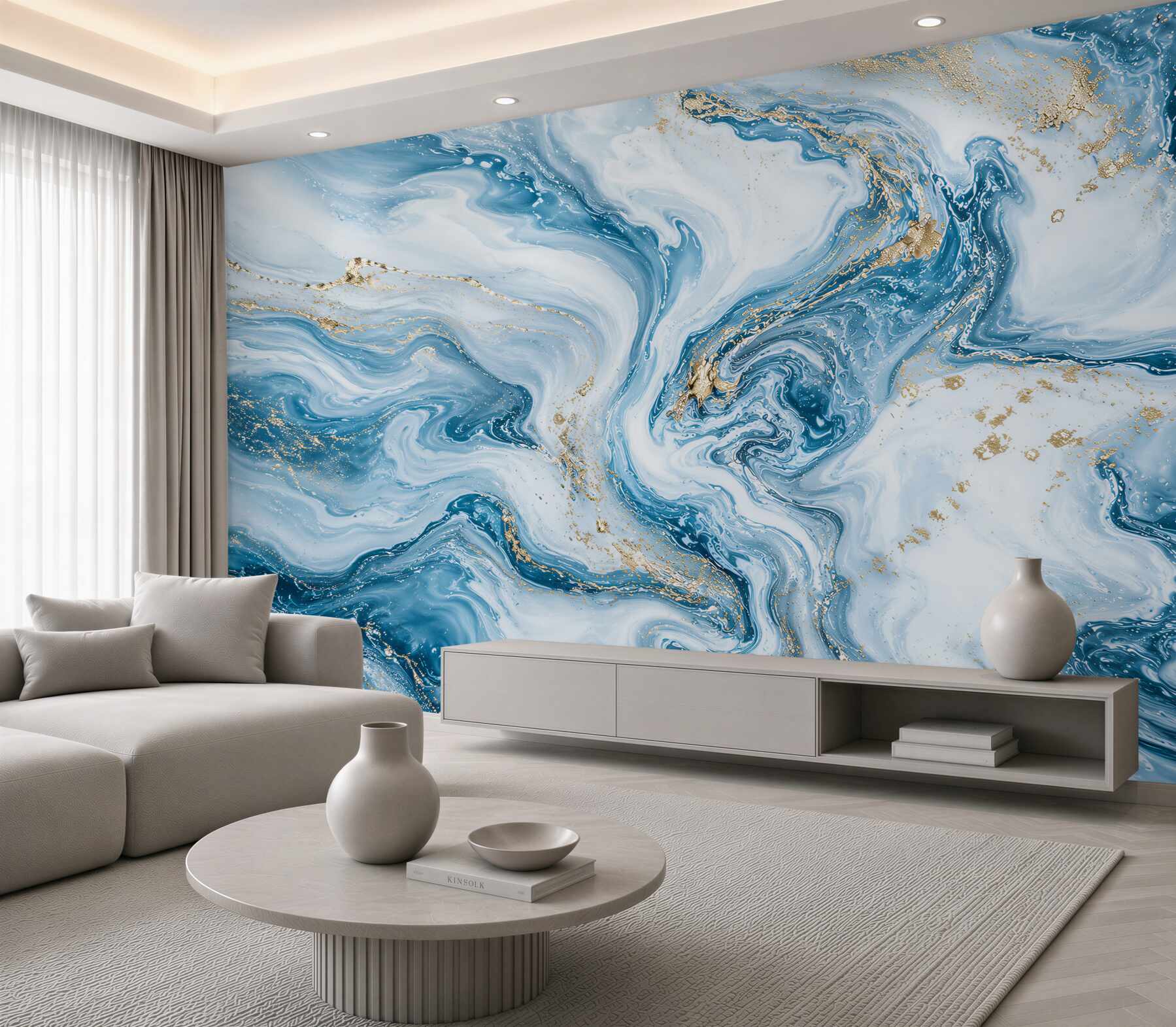 Papier peint marbre abstrait bleu-blanc avec des accents dorés