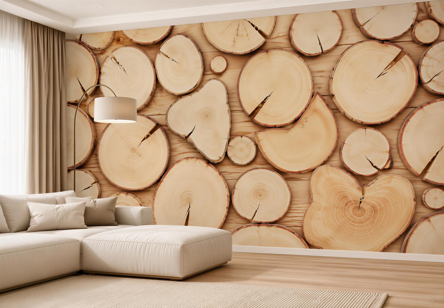 Papier peint tranche de bois beige naturel pour intérieurs rustiques