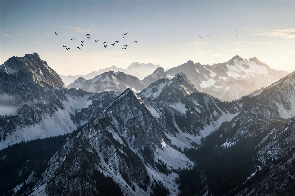 Papier peint paysage montagnard dans le brouillard avec des oiseaux à l'aube