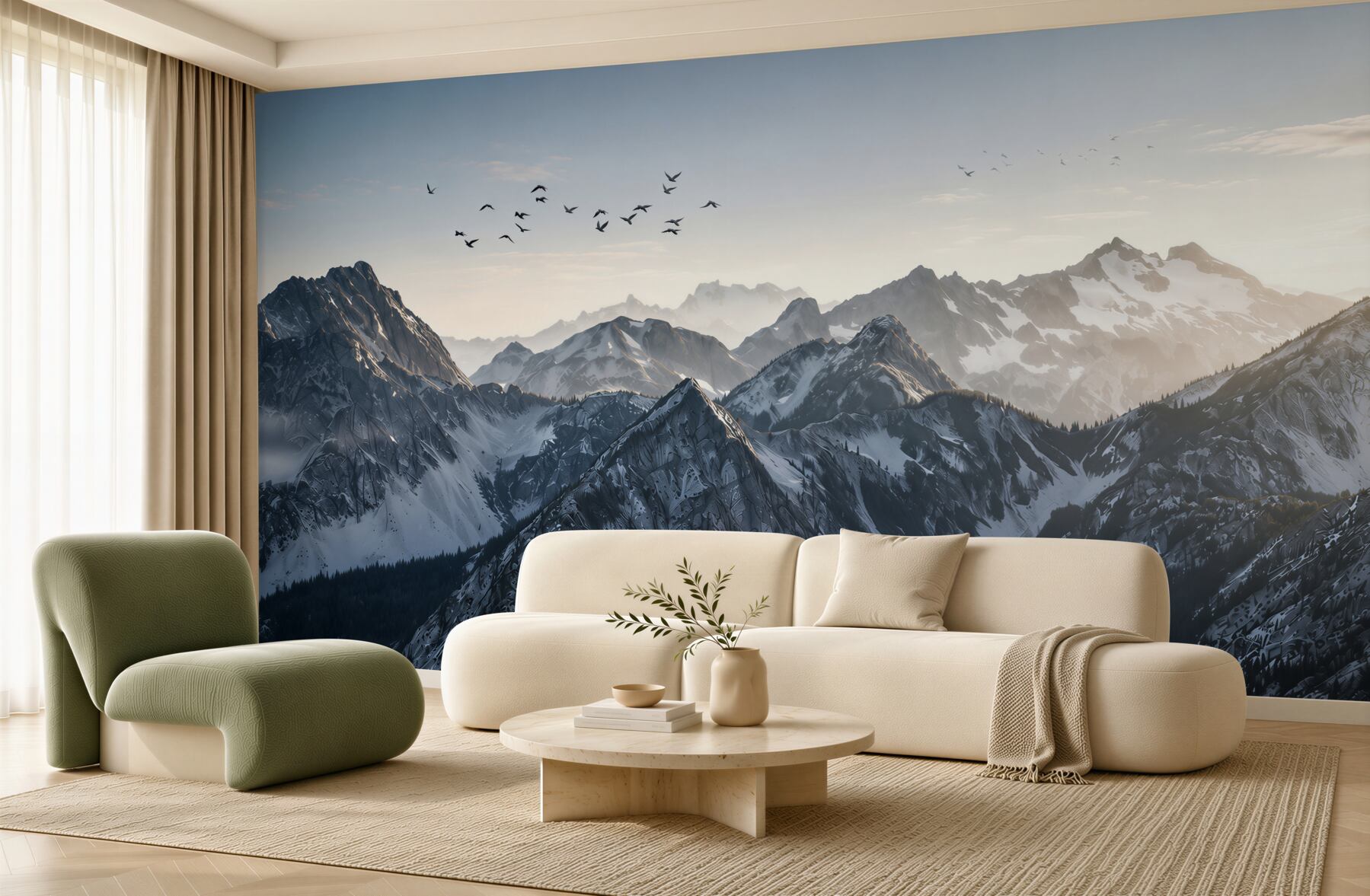 Papier peint paysage montagnard dans le brouillard avec des oiseaux à l'aube