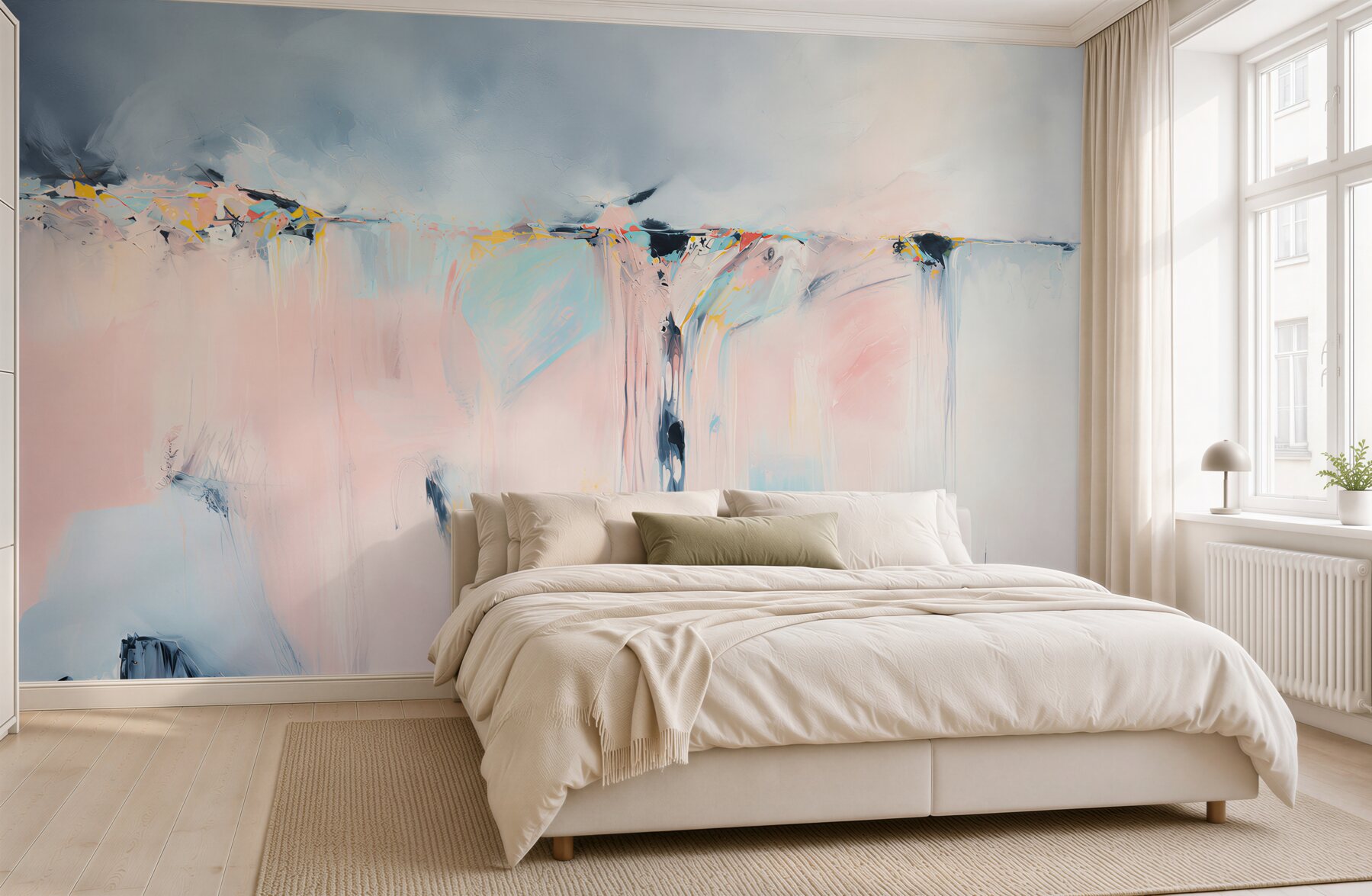 Papier peint stries abstraites pastel dans des teintes douces de rose et de bleu