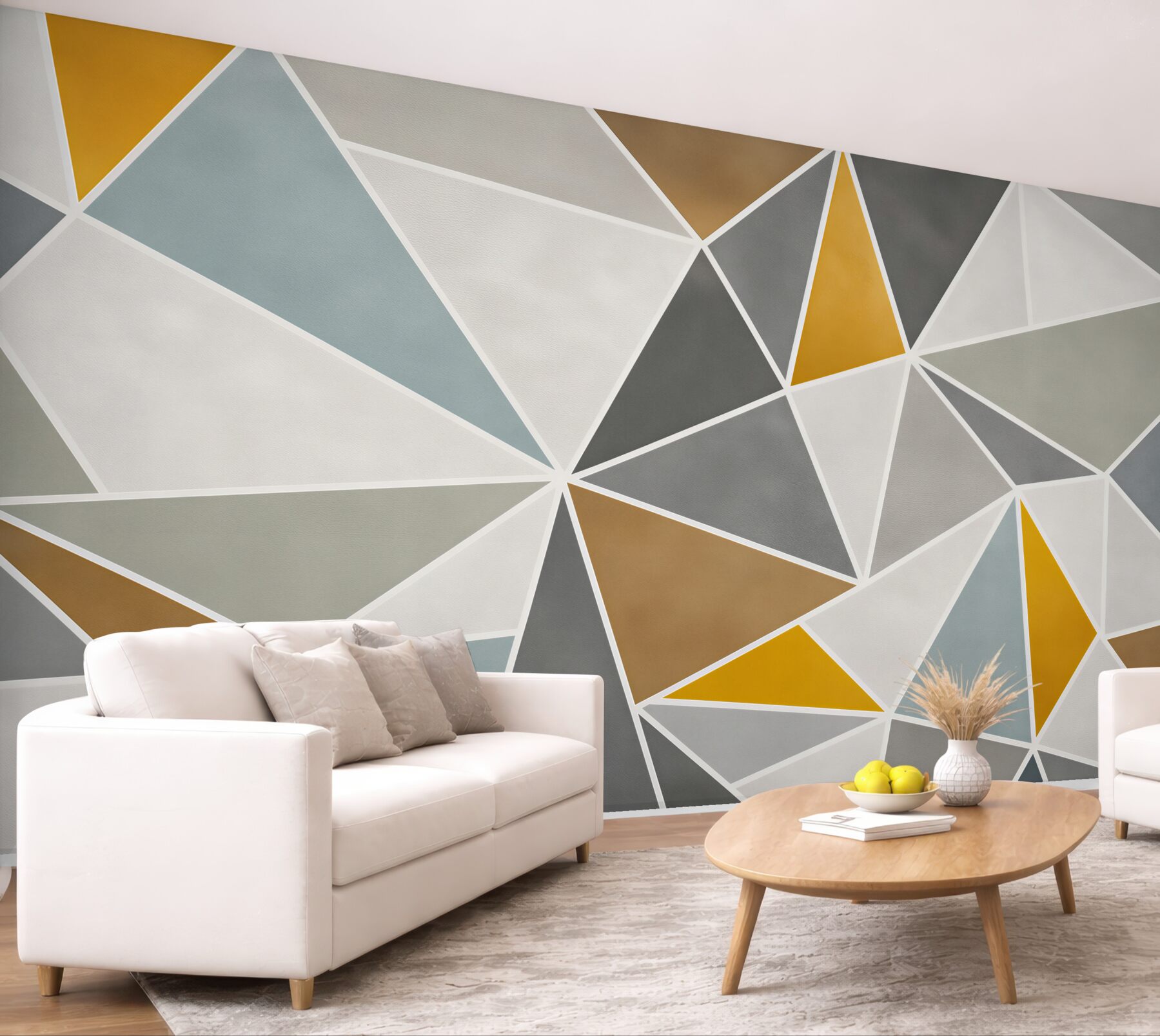 Papier peint triangles géométriques beige et gris avec accents dorés moderne