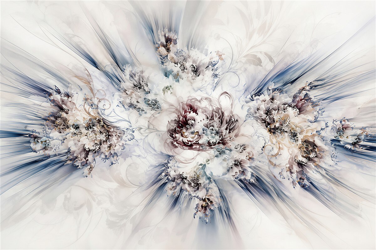 Papier peint fleurs abstraites bleu beige avec des lignes dorées