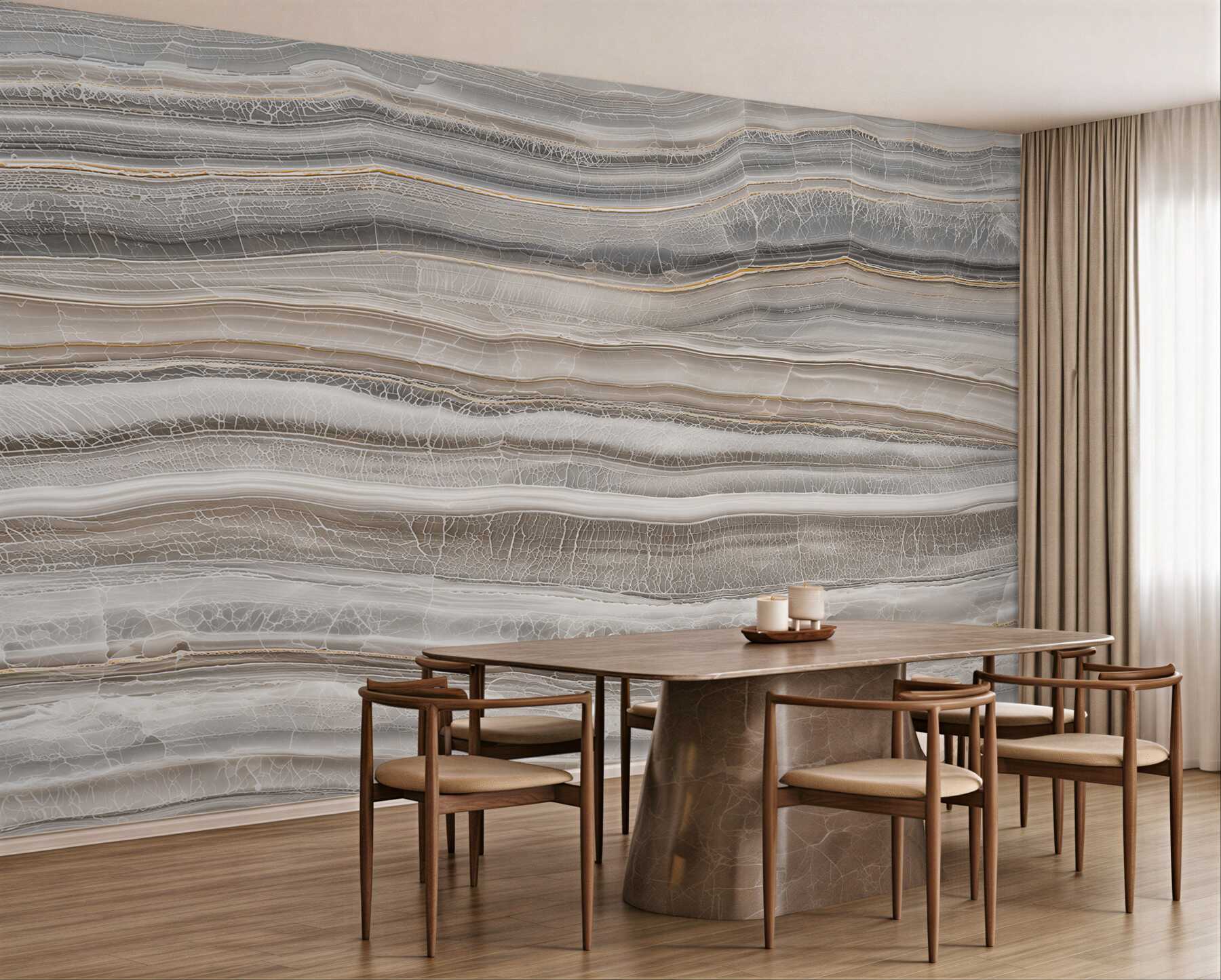 Papier peint onyx clair beige avec des couches dorées pour un intérieur élégant