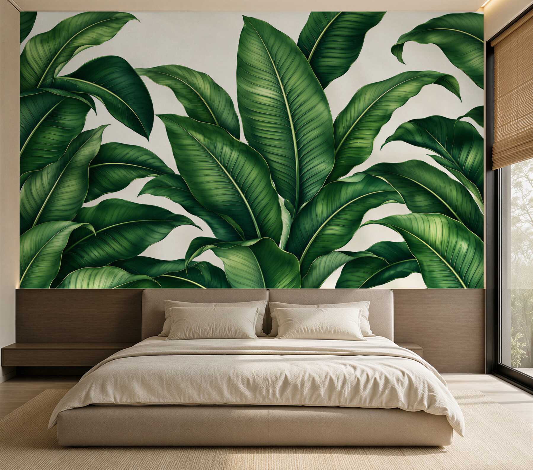 Papier peint feuilles de bananier vertes dans un style tropical subtil