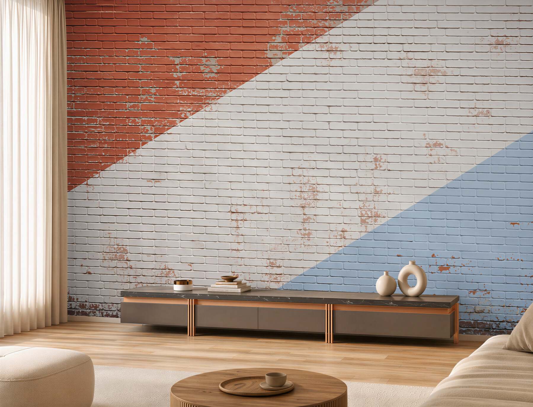 Papier peint bandes géométriques beiges crèmes et bleues moderne minimaliste