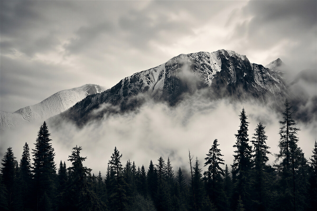 Papier peint montagnes enneigées et forêt de sapins dans le brouillard paysage naturel