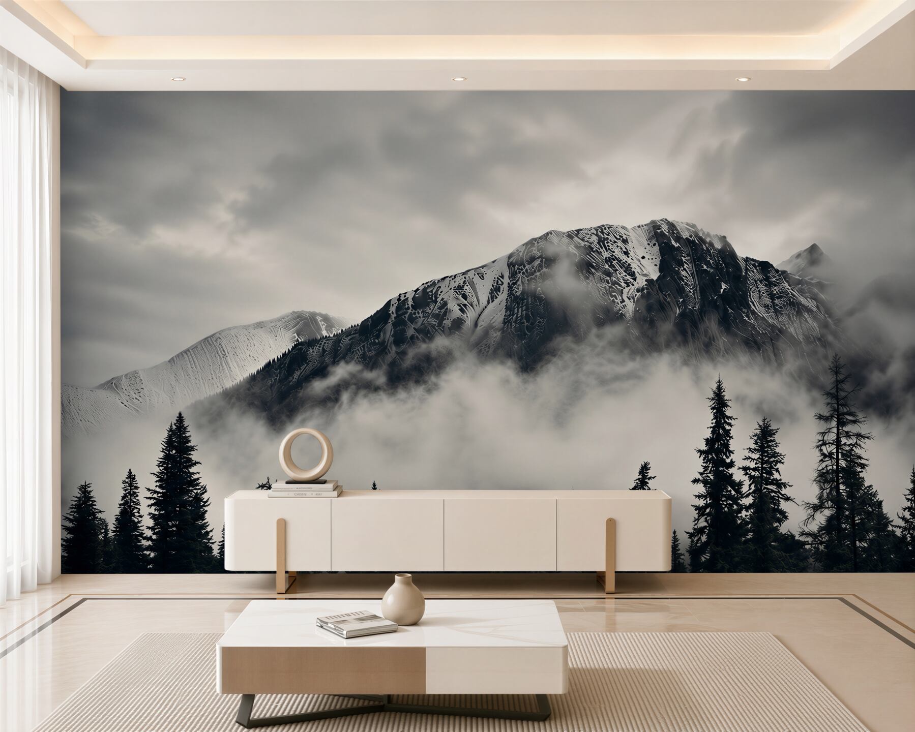 Papier peint montagnes enneigées et forêt de sapins dans le brouillard paysage naturel