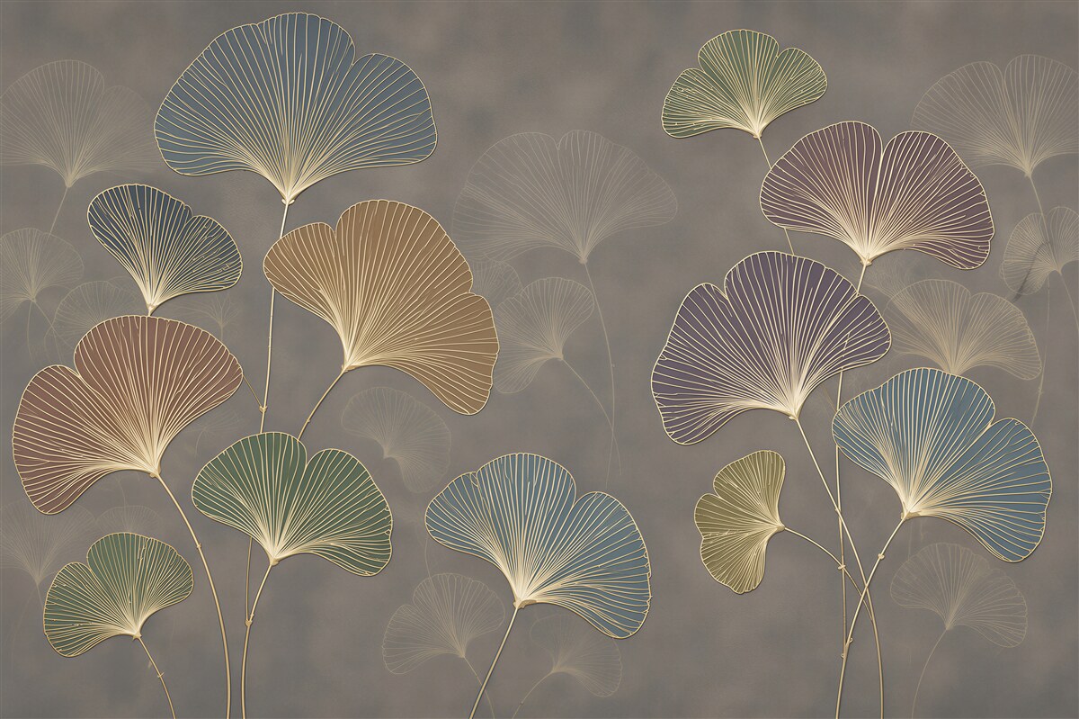 Papier peint feuilles de ginkgo pastels beige et bleu élégant