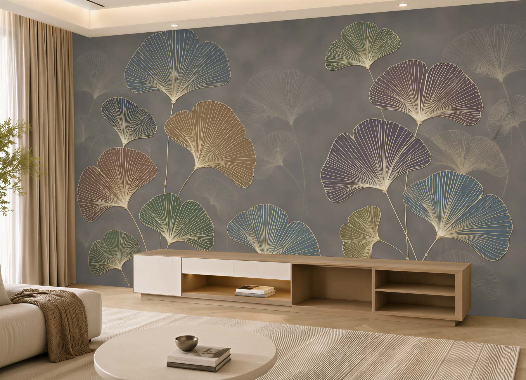 Papier peint feuilles de ginkgo pastels beige et bleu élégant