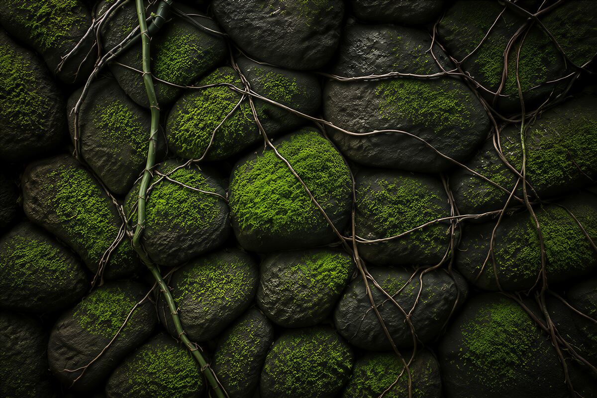 Papier peint mur en pierre avec mousse et vignes motif forestier naturel