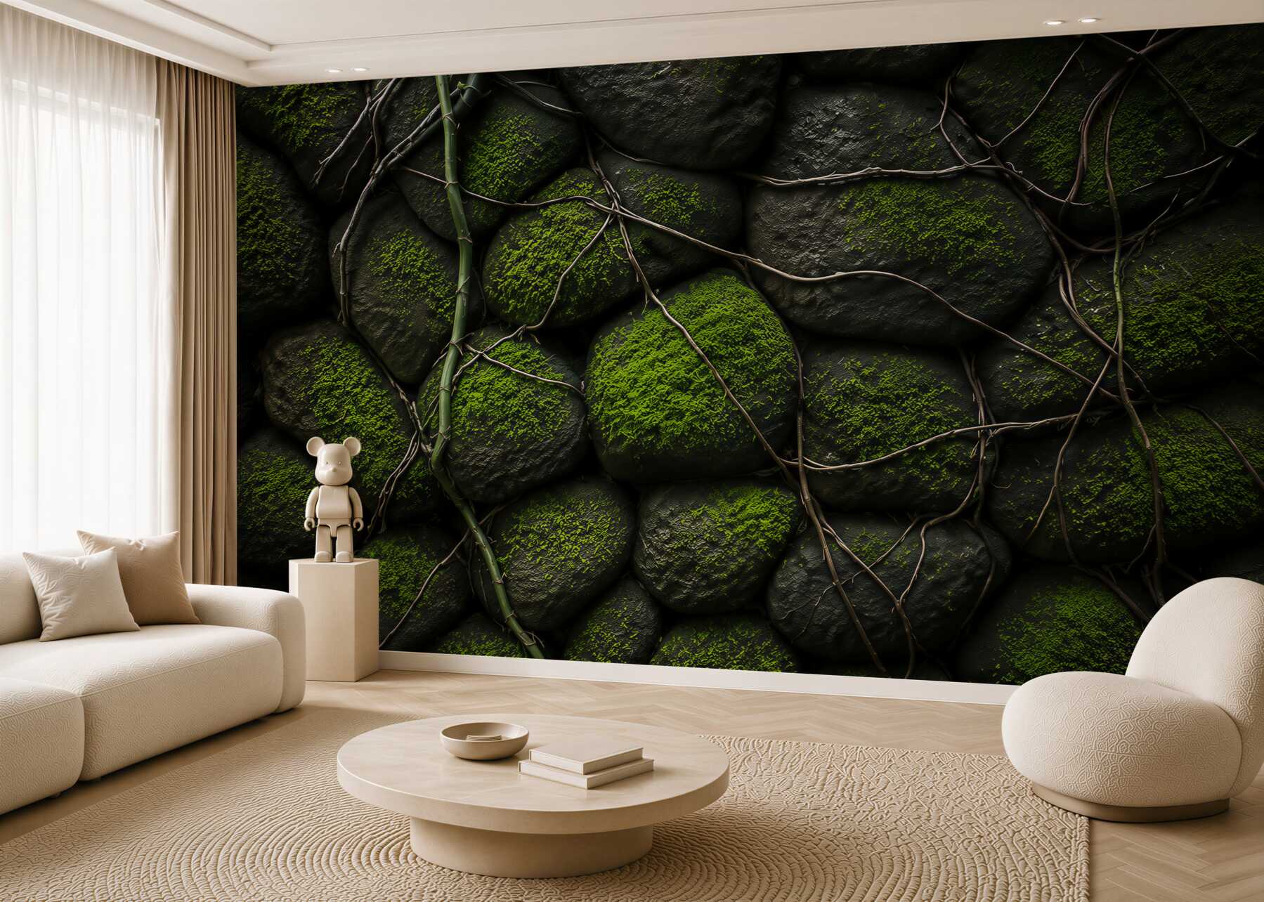 Papier peint mur en pierre avec mousse et vignes motif forestier naturel