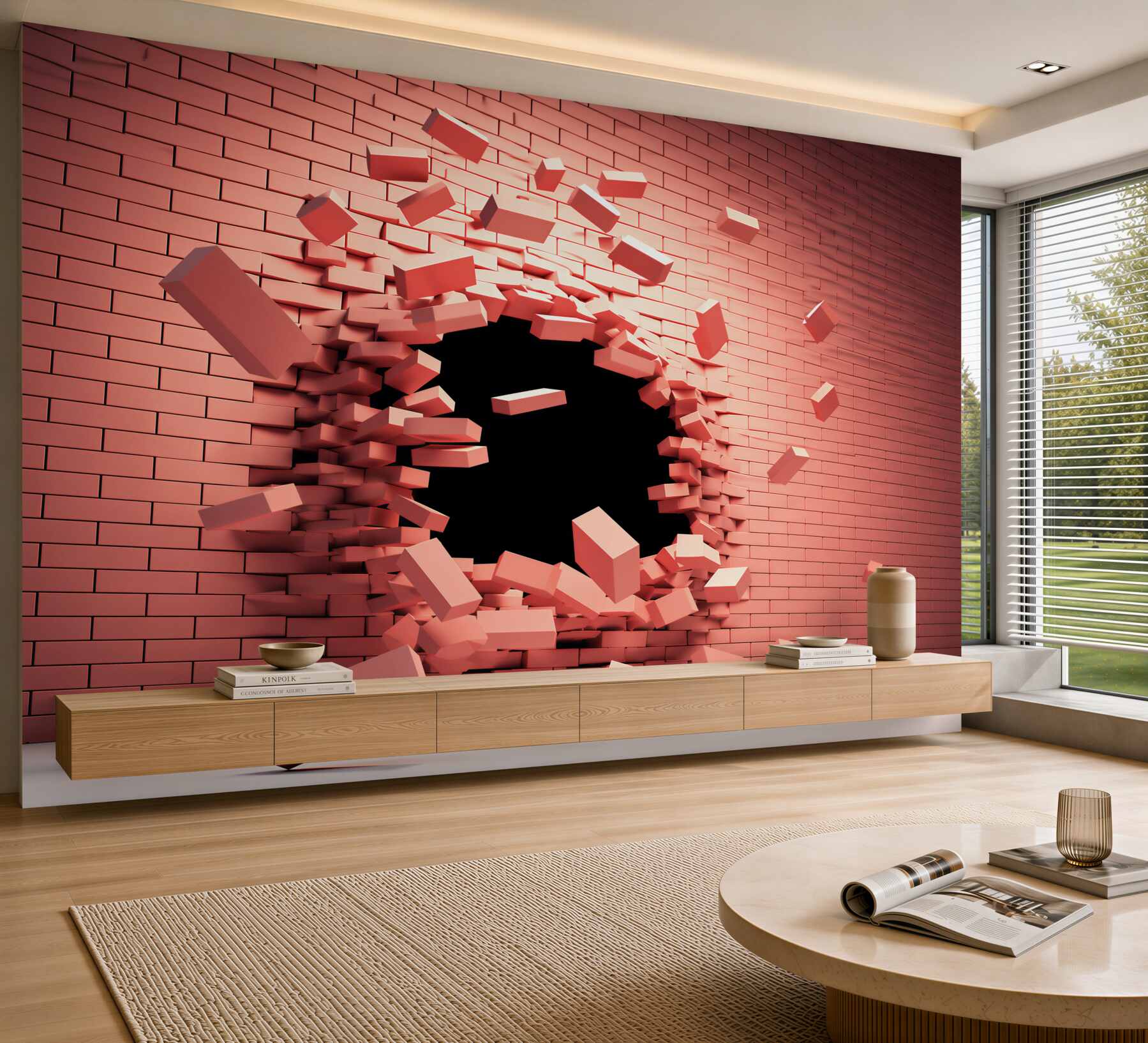 Papier peint mur rose craquelé 3D avec ouverture moderne