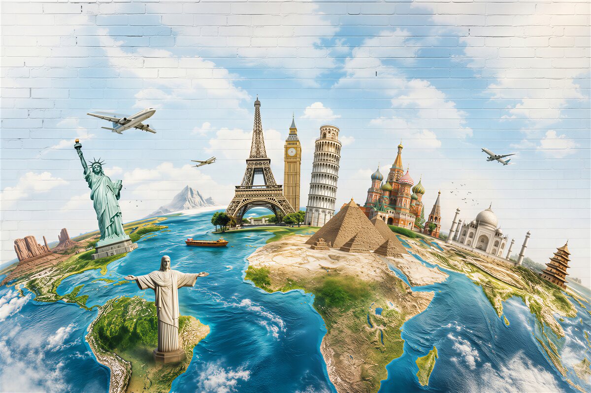 Papier peint monuments mondiaux sur la carte du monde pastel pour les voyageurs