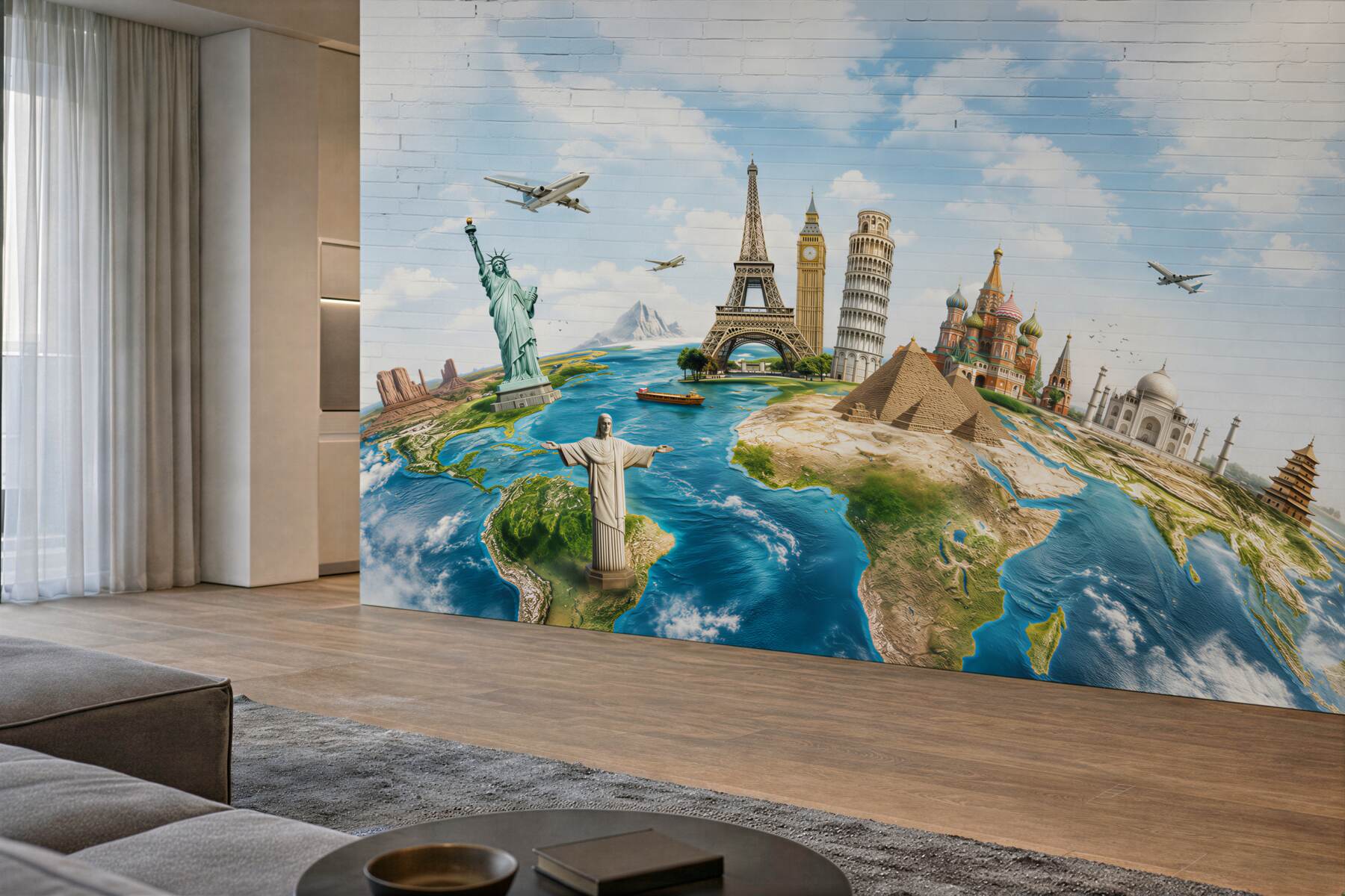 Papier peint monuments mondiaux sur la carte du monde pastel pour les voyageurs