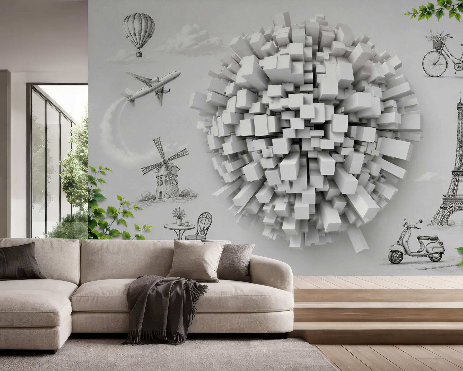 Papier peint cubes abstraits blancs au-dessus de l'eau moderne 3D