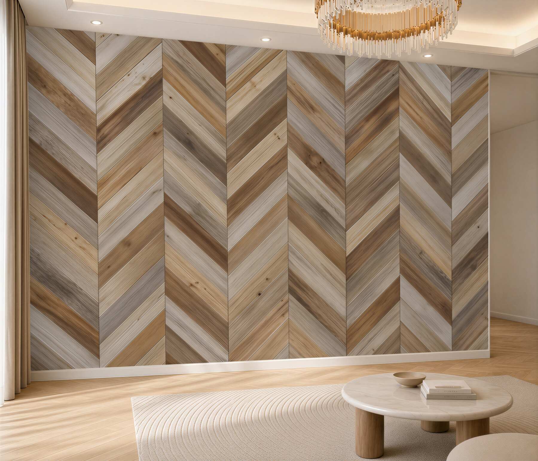 Papier peint parquet en bois beige géométrique pour intérieur moderne