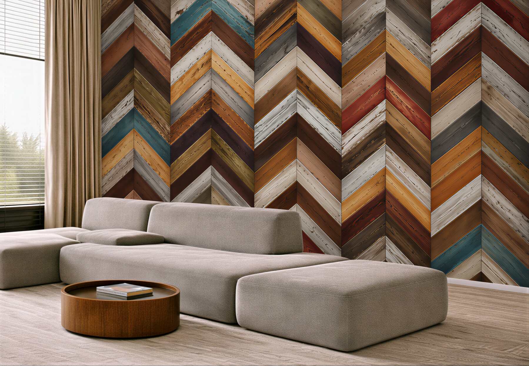 Papier peint parquet en chevron beige-gris dans un style scandinave