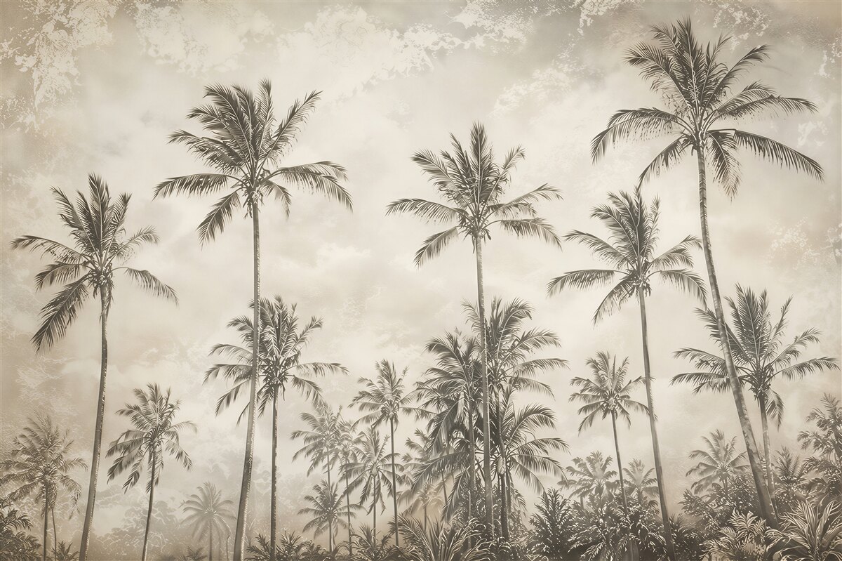 Papier peint palmiers tropicaux dans le brouillard paysage paisible beige