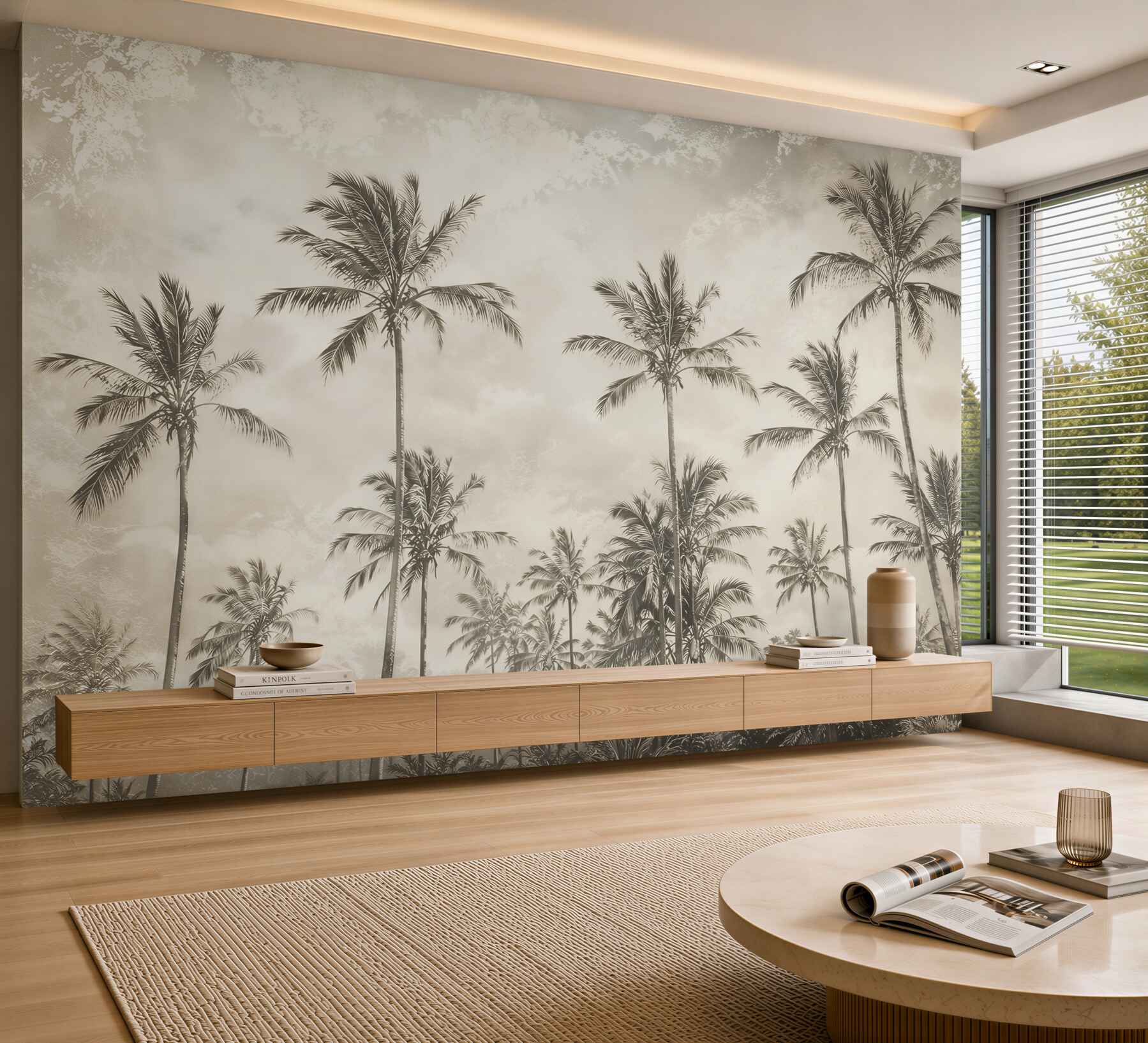 Papier peint palmiers tropicaux dans le brouillard paysage paisible beige